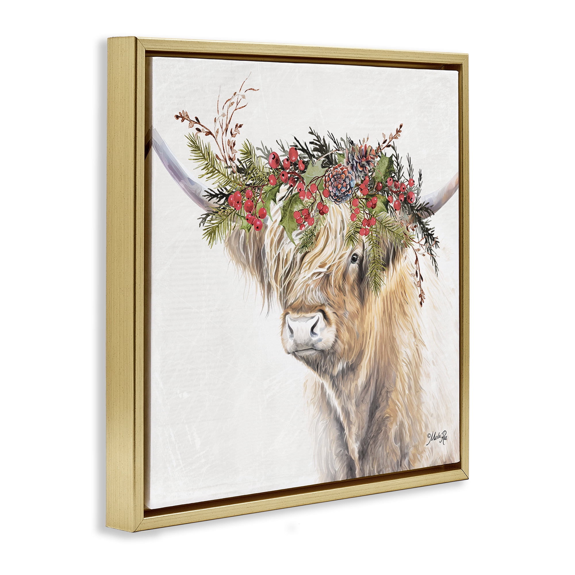 Stupell Industries Cattle with Seasonal Berries Animals & Insects Painting Gold Floater Framed Canvas Art Print Wall Art, 18 x 18