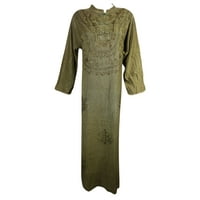 Mogul Womens Long Dress Embroidered Stonewashed Rayon Long Sleeve Tie Back Evening Kaftan Resort Beach Wear Maxi Dresses