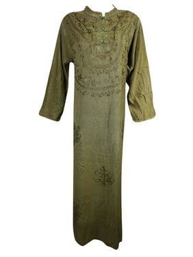 Mogul Womens Long Dress Embroidered Stonewashed Rayon Long Sleeve Tie Back Evening Kaftan Resort Beach Wear Maxi Dresses