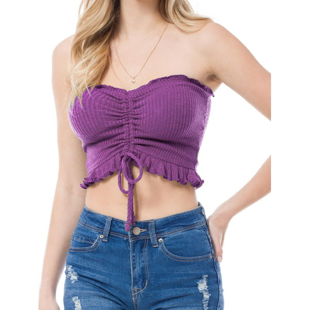 MixMatchy Women's Sexy Frill Knot Front Knit Strapless / Strap Tube Crop Top