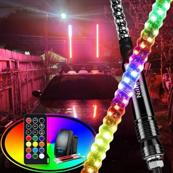 Nilight 2Pcs 4FT Spiral RGB Led Whip Light w/RGB Chasing Light RF Remote Control Lighted Antenna for Can-am ATV UTV RZR Polaris Dune Buggy Jeep Truck