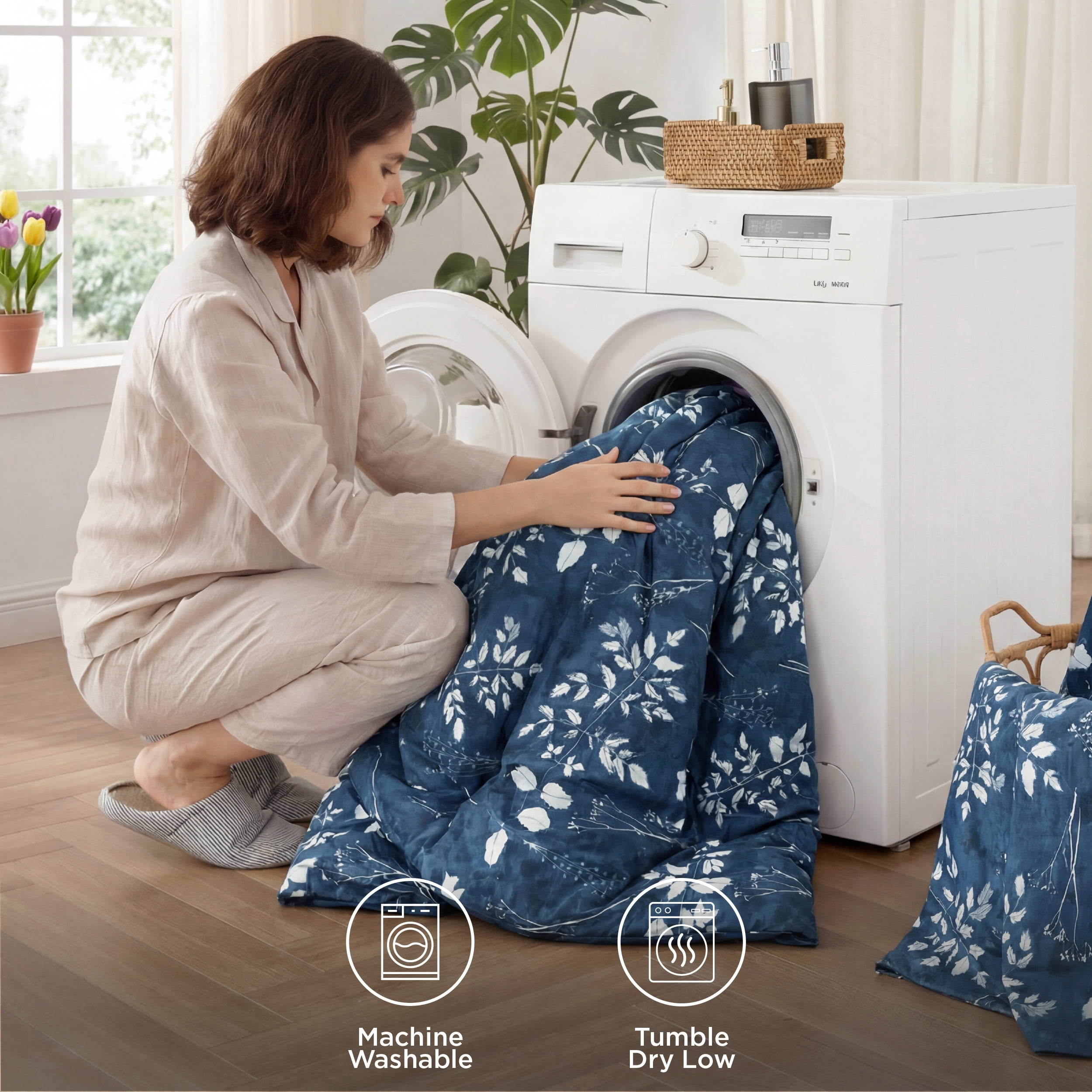 U by Bedsure Queen Comforter Set Navy, Bed in a Bag Queen Size Bedding, 7-Pieces Botanical Flowers Spring Comforter, Sheets, Pillowcases & Shams