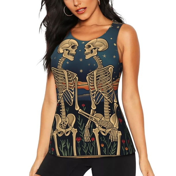 Balery Romantic Skeletons Under Moon Camiseta sin mangas estampada ligera para mujer, tops de entrenamiento sin mangas, camisetas de yoga transpirables de secado rápido.-Small