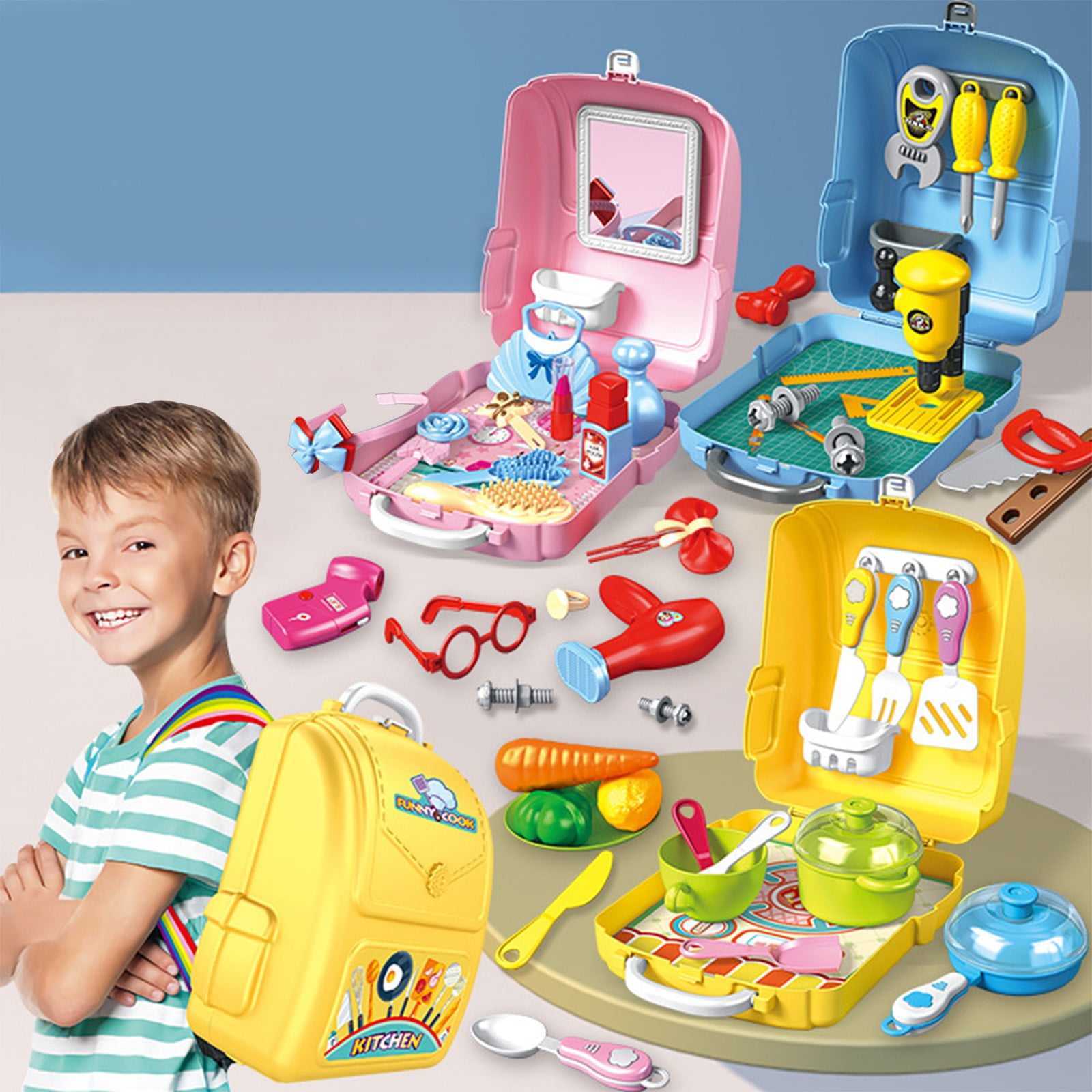 Viflosae Kids Pretend Play Kids Play Set Early Learning Educational Children's House Toy Set Kitchen Beauty Backpack Mini Kitchen House Cosmetic Toolbox Toy Set