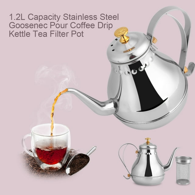 Hervidor de Café Con Cuello de Cisne de Acero inoxidable de 1,2 L, Tetera Con Filtro de Té para Interiores, Con Filtro de Precisión, Ergonímico para Hoteles, Restaurantes, Restaurantes,