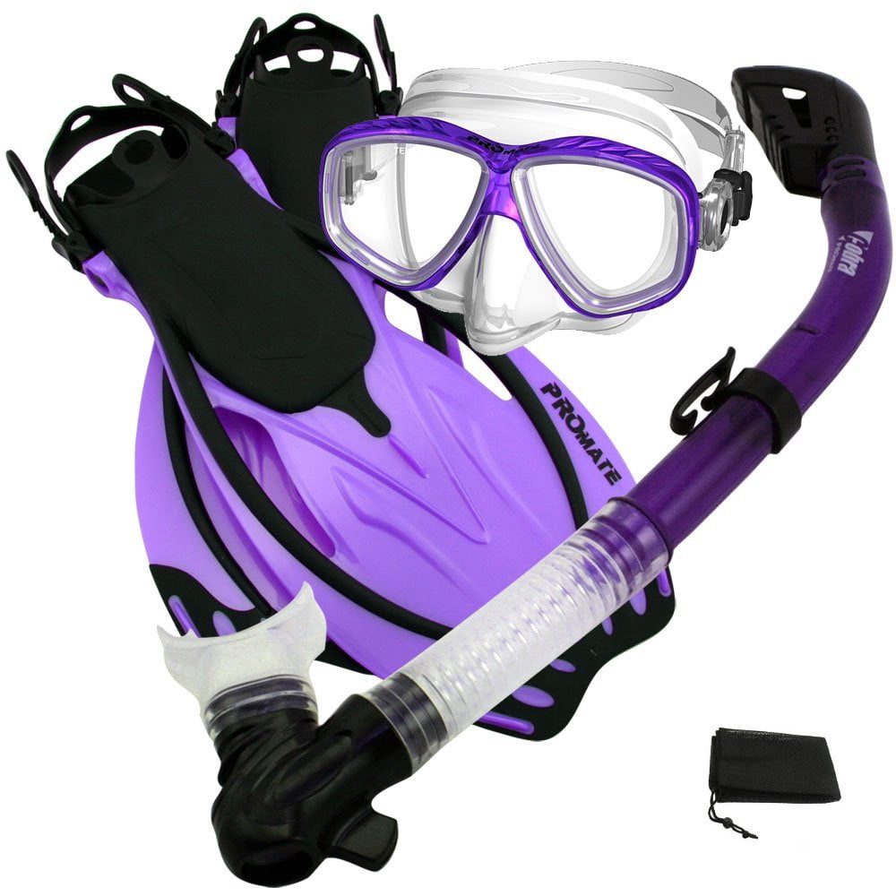 Snorkeling Dive Gear Silicone Mask 100% Dry Snorkel Open Heel Travel Fins Sets 