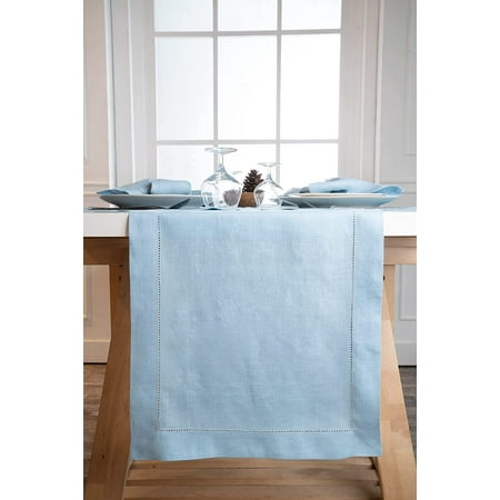 

Linen Table Runner - 14 x 84 Inch Powder Blue 100% Pure Linen Hemstitch Table Runners 84 inches Long Machine Washable Table Runner for Fall Halloween Christmas Thanksgiving