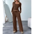 thumbnail image 5 of Women'S 2 Piece Matching Lounge Sets Fall Outfits Henley Neck Sweater Top Wide Leg Pants Sweat Suits Dark Brown L, 5 of 9