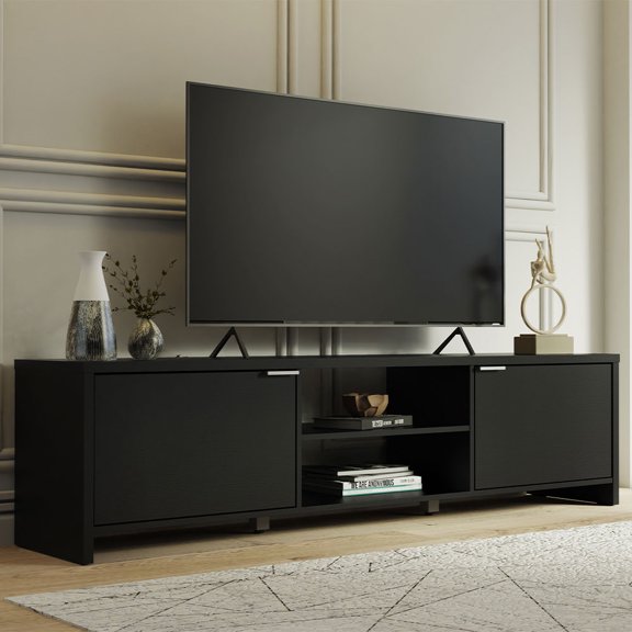 Madesa TV Stand Large Media Console with Cable Management for 65, 75 Inch Media Storage Gaming Living Room Entertainment Center Modern Wooden Television Cabinet - Black