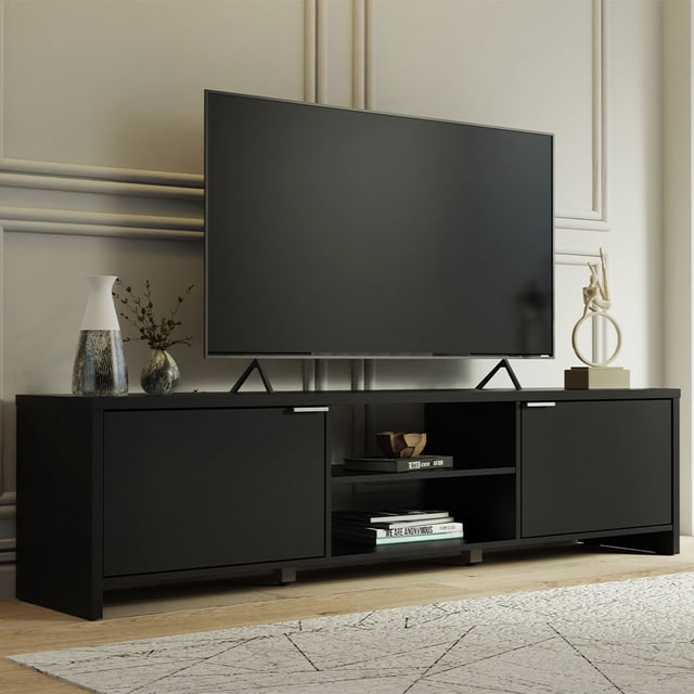 Madesa TV Stand Large Media Console with Cable Management for 65, 75 Inch Media Storage Gaming Living Room Entertainment Center Modern Wooden Television Cabinet - Black. A modern entertainment furniture piece featuring two cabinet doors with metallic handles, two open shelves for storage, and an open back for cable management. Crafted from durable engineered wood with a sleek black finish, ideal for living rooms or bedrooms.