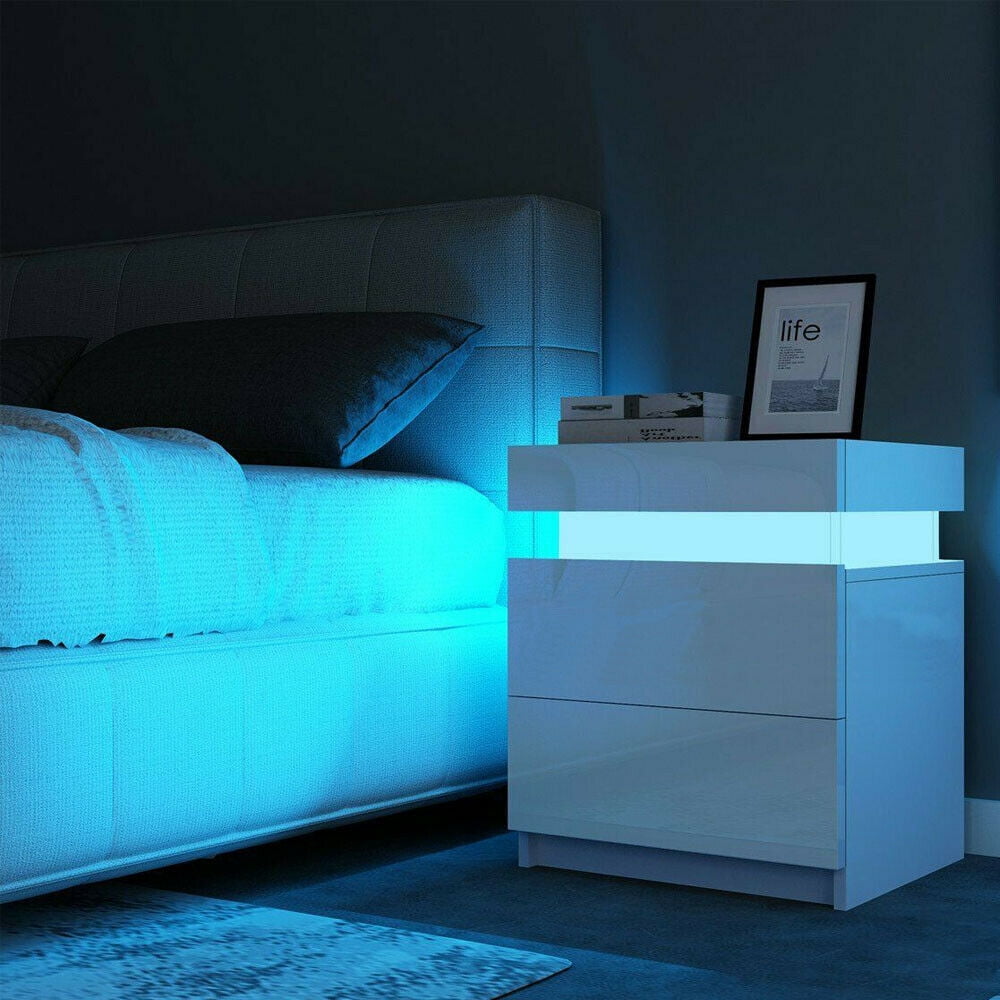 Hommpa 2 Drawer Modern Nightstand with RGB LED Light High Gloss Bedside Tables for Bedroom White