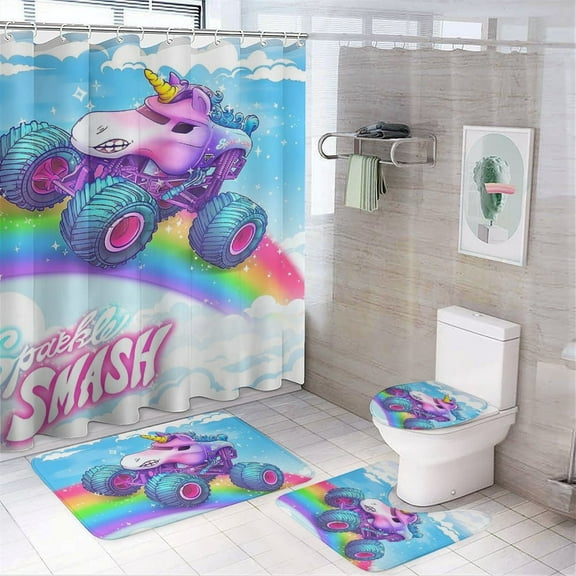 Sparkle Smash Monster Trucks 4 Pcs Shower Curtain Sets Non-Slip Rugs Bath Mat Toilet Cover U Shaped Mat for Bathroom Decor Mats