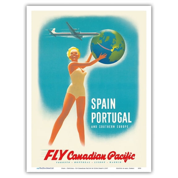 Spain - Portugal - Southern Europe - Fly Canadian Pacific Air Lines - Vintage Airline Travel Poster by Peter Ewart c.1957 - Master Art Print (Unframed) 9in x 12in