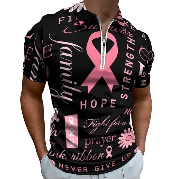 Breast Cancer Pink Ribbon Men Zipper T-shirt Summer Casual Short Sleeve T-shirt Top