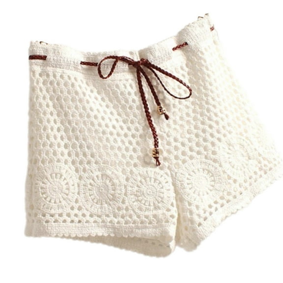 RUISINERY Women Hollowout Crochet Knit Lace Shorts with Drawstring High Waist Beach Vacation Swimsuit Coverup Shorts Bottoms