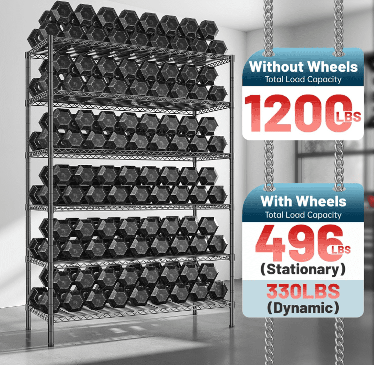REIBII 6-Tier Wire Shelving Unit with Wheels, 82"H x 45"W x 18"D, 1200LBS Capacity,Adjustable Metal Storage Shelves for Garage,Kitchen,Pantry,Black