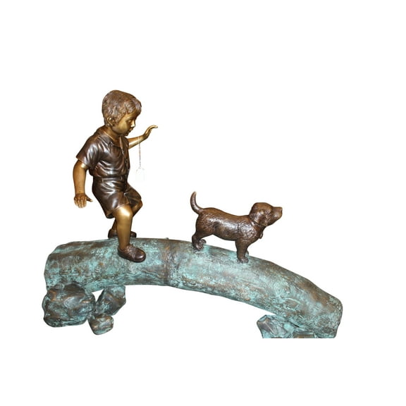 Nifao Kid with dog walking on a log Bronze Statue, Outdoor Garden Decor Sculpture, 57"L x 18"W x 41"H