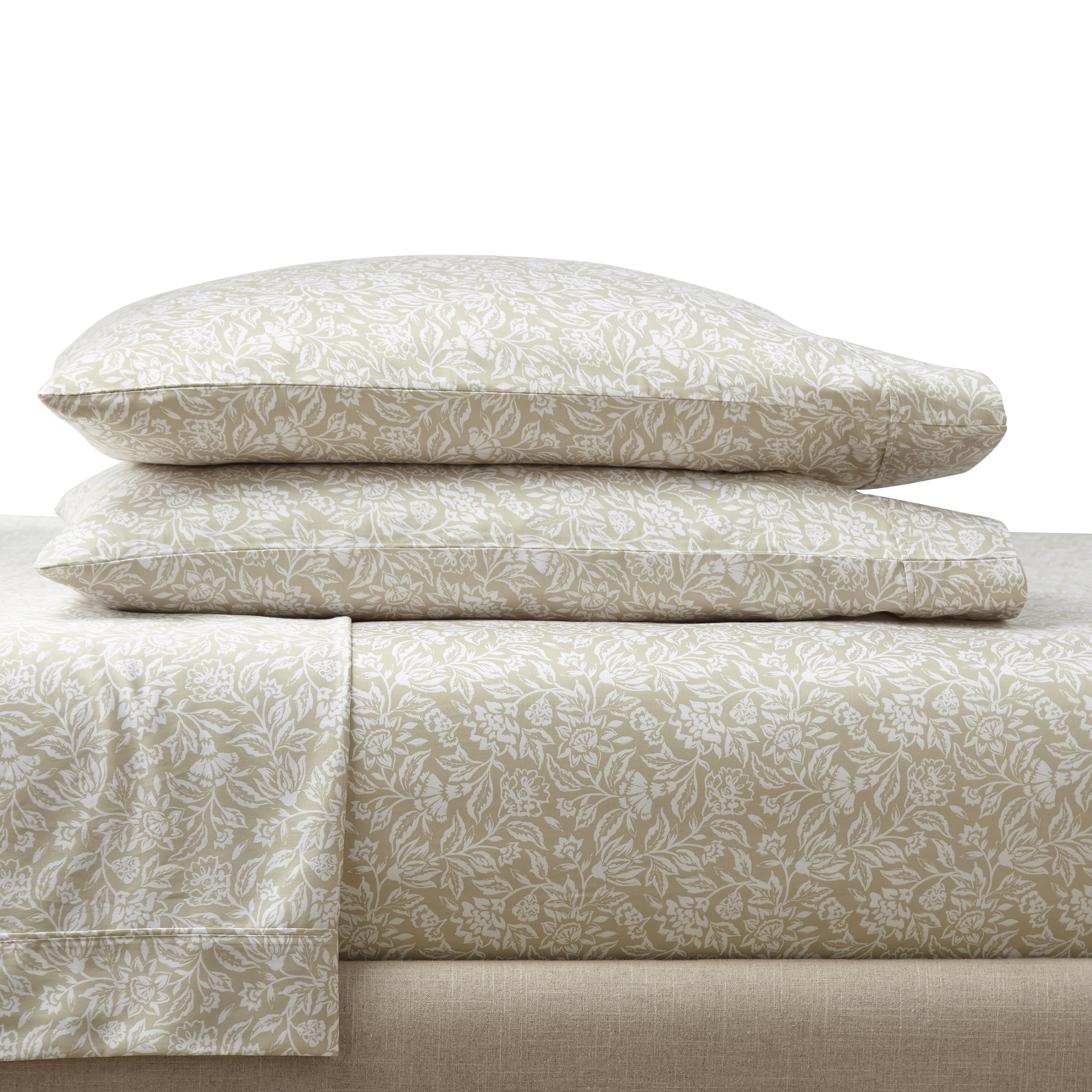 Better Homes & Gardens 4-Piece 300 Thread Count Floral Almond Biscuit Cotton Sateen Bed Sheet Set, Full