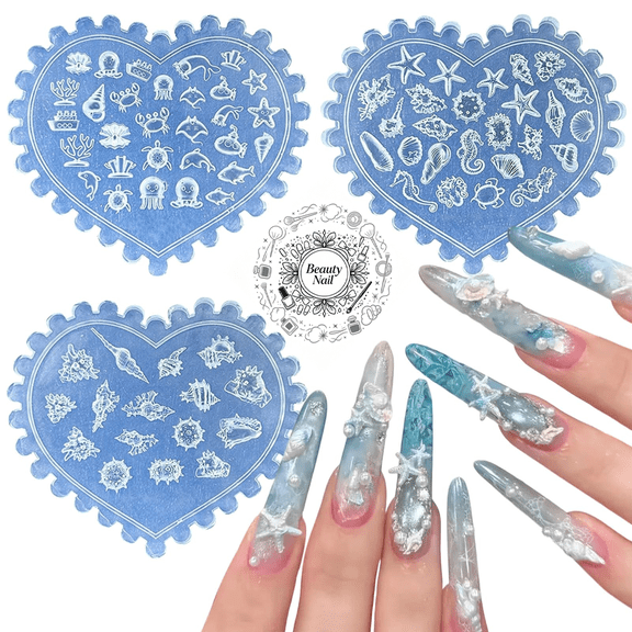 3Pcs Embossed Nail Silicone Molds, 3D Conch Shell Jellyfish Nail Art Molds, Reusable Stereoscopic Manicure Tools, DIY Resin Gel Nail Decoration Supplies for Nail Art Design