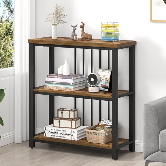 FOLUBAN 3 Tier Bookshelf, Industrial Wood and Metal Bookcase, Small Book Shelf for Home Office Bedroom Living Room, Rustic Brown