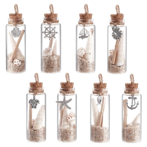 8Pcs Coastal Beach Ornaments Nautical Glass Message Bottle with Ocean Themed Pendants White Sand Rocks and Natural Sea Shells Message Bottle DIY