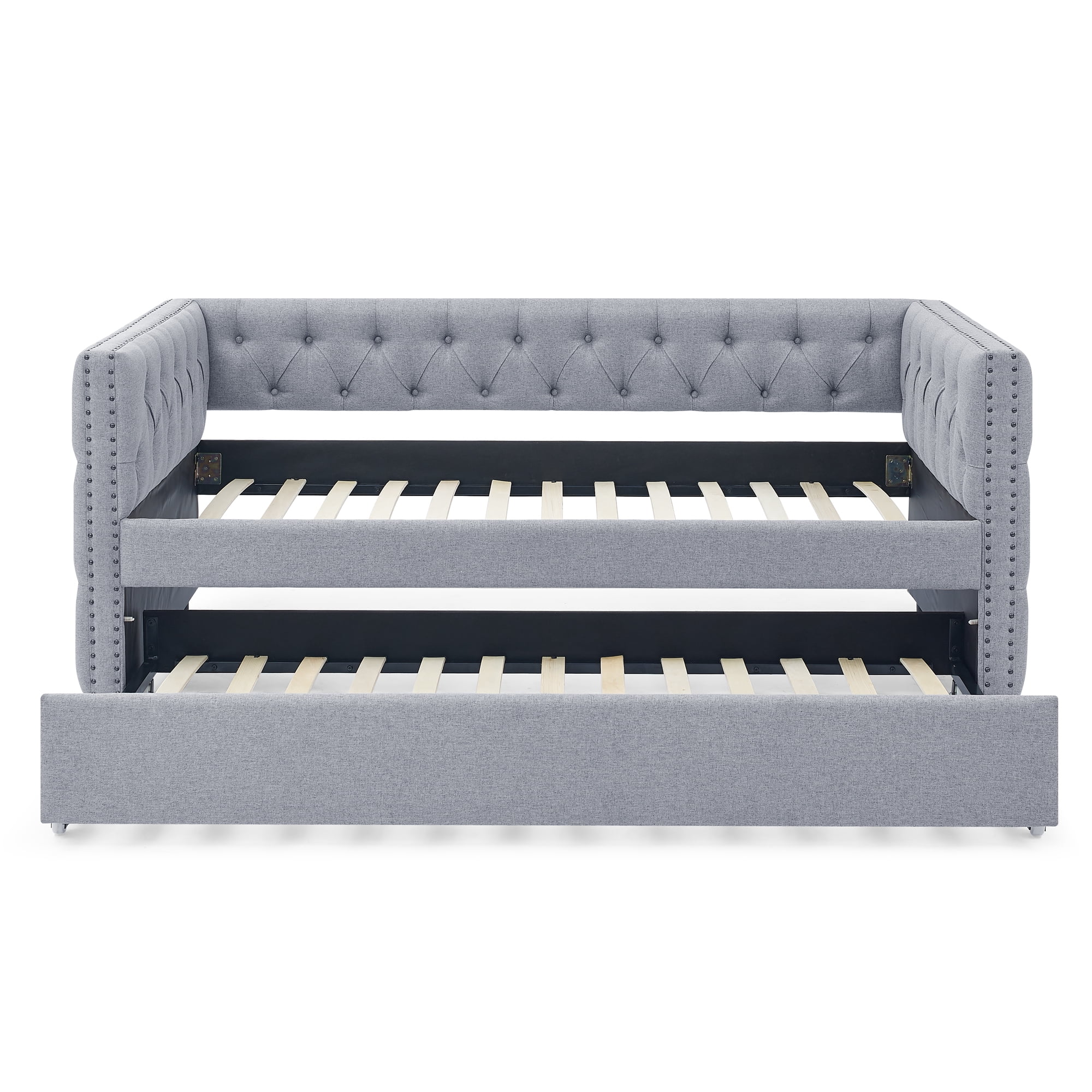 Gewnee Mid-Century Twin Size Upholstered Daybed with Trundle, Grey Linen Tufted Design & Nailhead Trim, for Living Room Guest Room