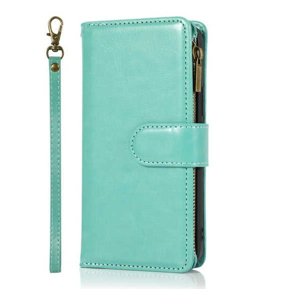 Allytechgroup iPhone 16 Wallet Case, 9 Cards Holder Zipper Wallet Case for Women Men Shockproof Hand Strap Full Protective Flip Stand Case Cover for Apple iPhone 16,Green