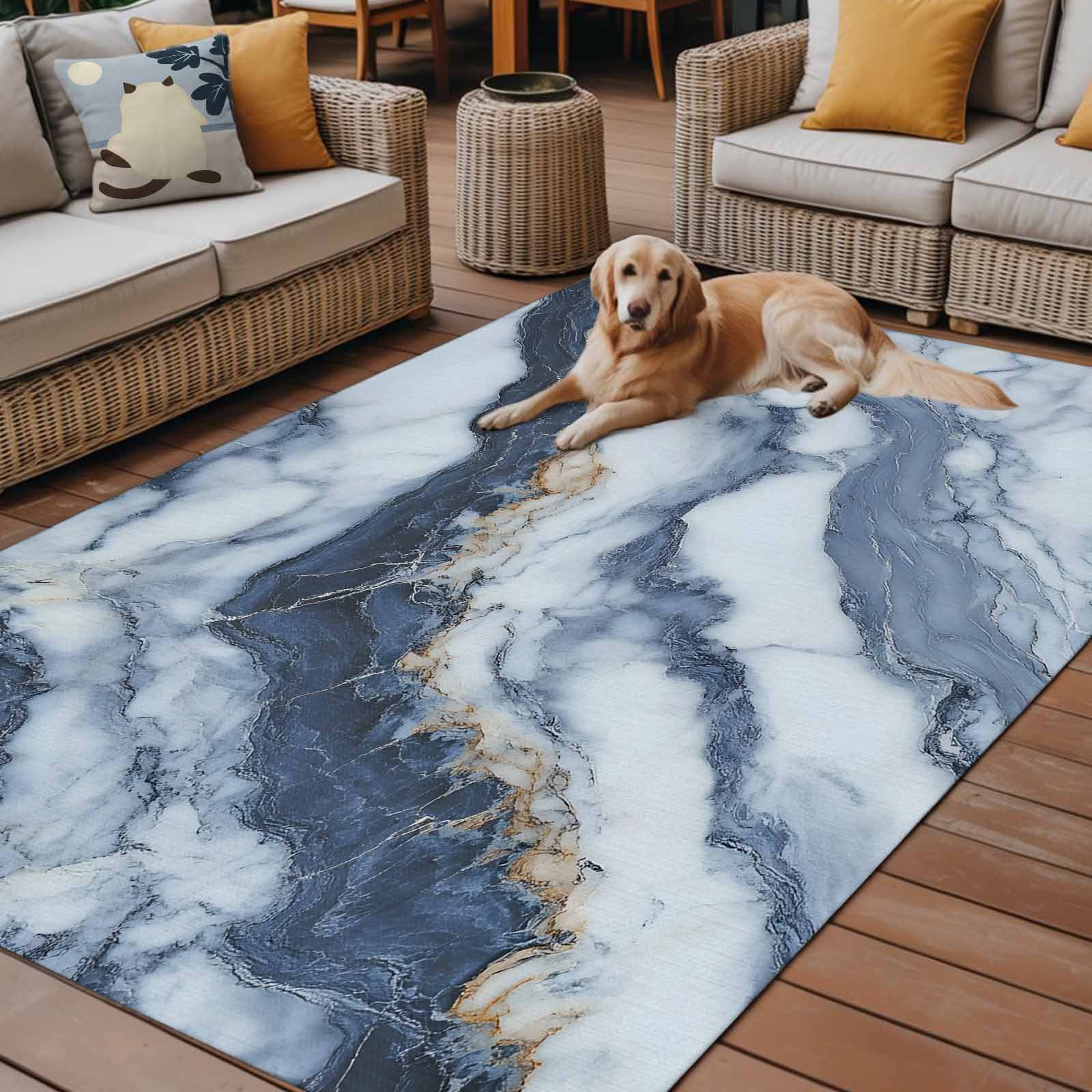 Outdoor Rug 5x8ft Ombre Blue White Marble Texture Large Area Rug Modern Art Indoor Outdoor Carpet Outdoor Rugs Mats for Patio Camping,RV,Front Door, Outside Decor