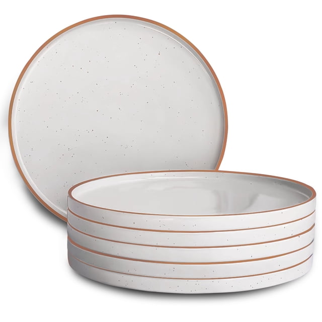 Mora Juego de 6 platos llanos de porcelana de 10,5 pulgadas, aptos para microondas, horno y lavavajillas, resistentes a los arañazos, color blanco vainilla