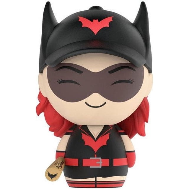 figura de vinil coleccionable batwoman dc bombshells funko 3 pulgadas, vista frontal centrada de la figura Dorbz con casco negro con logo de murciélago rojo, antifaz oscuro, cabello rojo ondulado, traje negro y rojo con cinturón rojo y bate dorado con logo; visible en su caja expositora con ventana de doble cara; también ideal para exhibir en vitrinas de coleccionista.