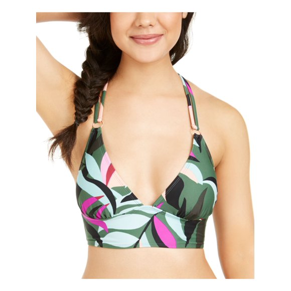 HULA HONEY Women's Green Tropical Print Stretch Strappy Tie Closure Lined Midkini Deep V Neck Hyper Tropics Swimsuit Top S