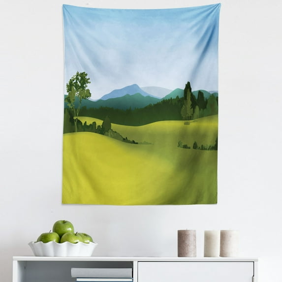 Landscape Tapestry, Mountain Hills Meadow Grassy Land Cartoon Illustration Print, Fabric Wall Hanging Decor for Bedroom Living Room Dorm, 5 Sizes, Yellow Green Blue and Emerald, by Ambesonne