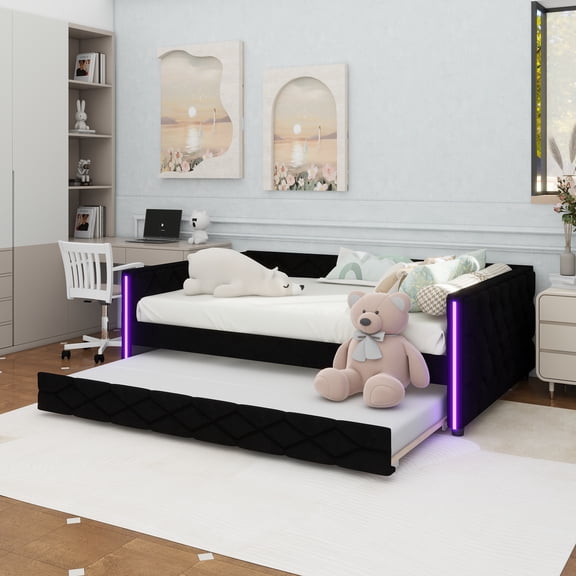 Full XL Size Upholstered Daybed with Trundle and LED, Black