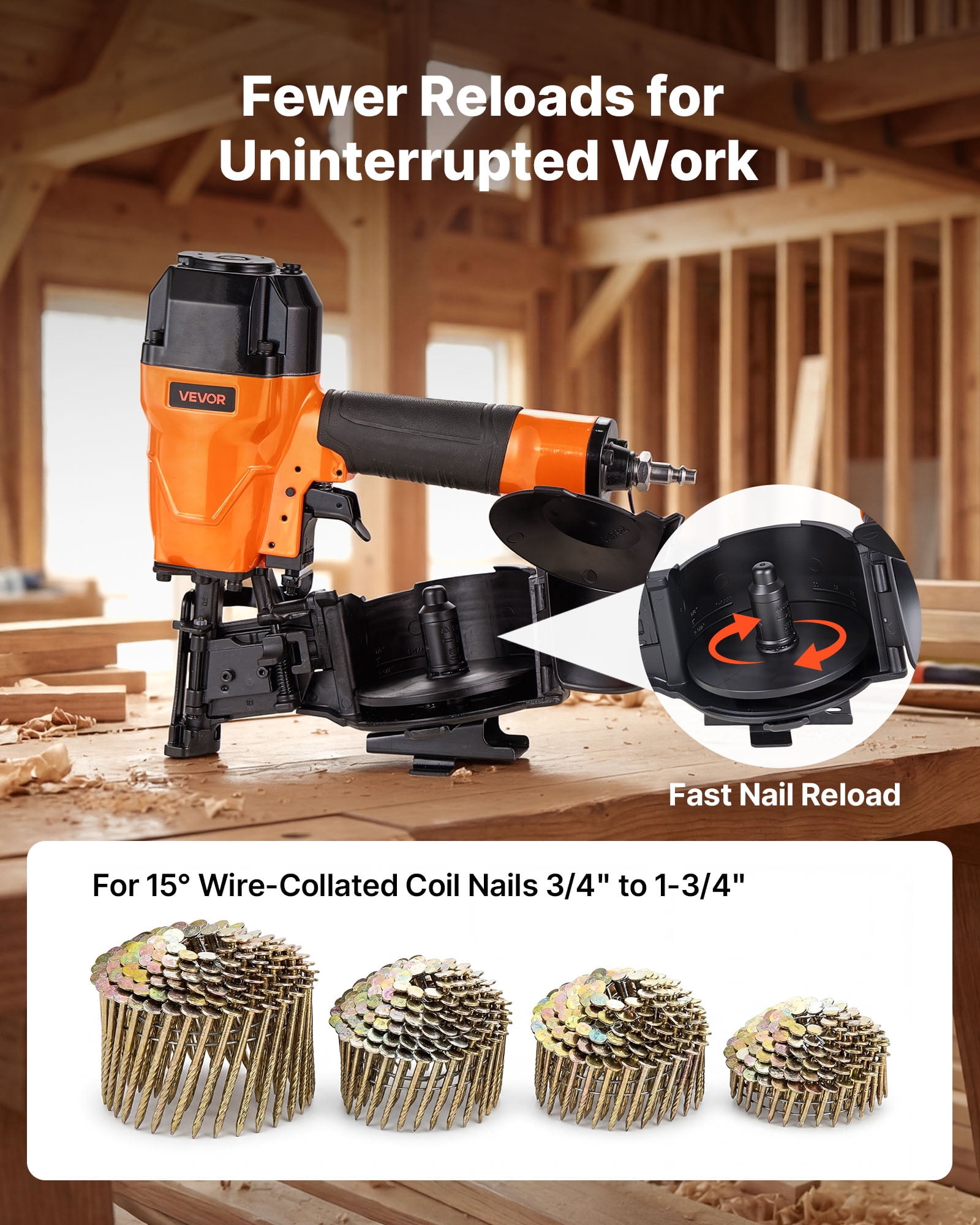 VEVOR Air Roofing Nailer CN45C, 3/4" to 1-3/4" 15 Degree Roofing Nail Gun with Two Firing Modes & Tool-Free Depth Adjustment, 70-110 PSI Pneumatic Coil Nailer for Asphalt Shingles, Roof Sheathing