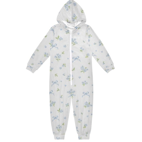 Blue Bow Flower Boys & Girls Hooded One-Piece Pajamas Warm Crystal velvet Hooded Long Sleeve Loungewear Jumpsuit Unisex