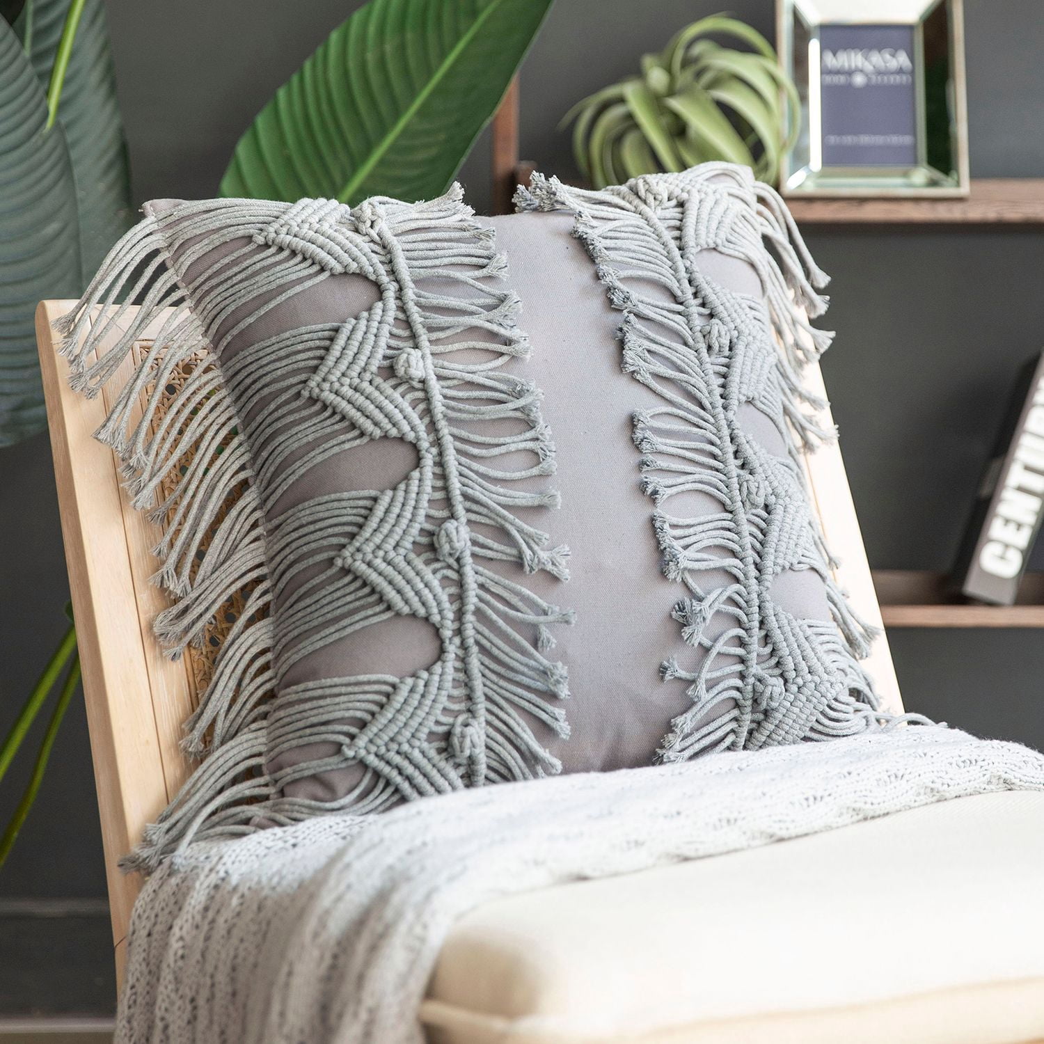 Phantoscope 100% Cotton Handmade Crochet Boho Throw Pillow with Tassels and Woven Knot Design, 18 x 18 in Square Cushion, Light Gray, 1 Pack