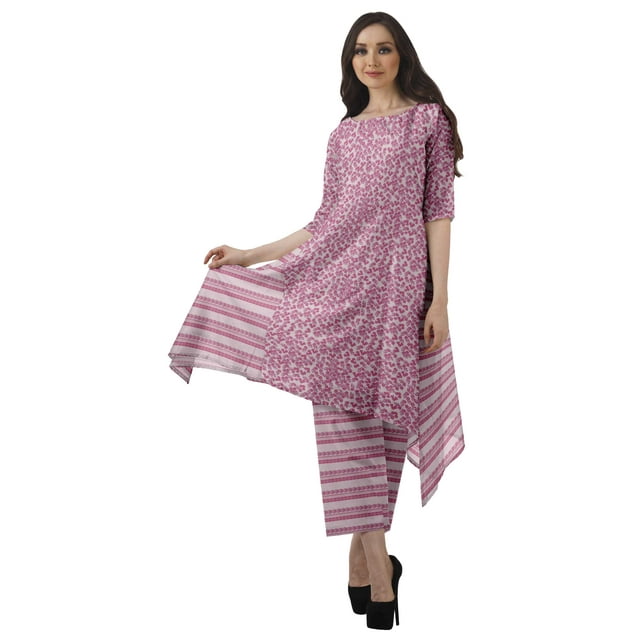 Moomaya Ensemble Kurti Asymétrique Imprimé pour Femme Grande Taille, Chanderi en Coton, 1 Unité