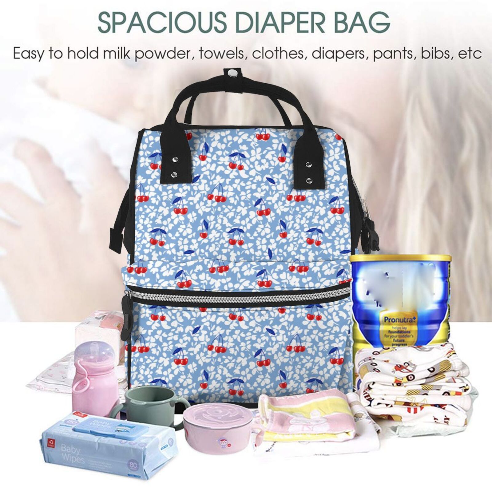 Ratiio Red Cherries Mummy Backpack - Waterproof Twill Canvas, Large Capacity Diaper Bag with Multiple Pockets and Adjustable Straps