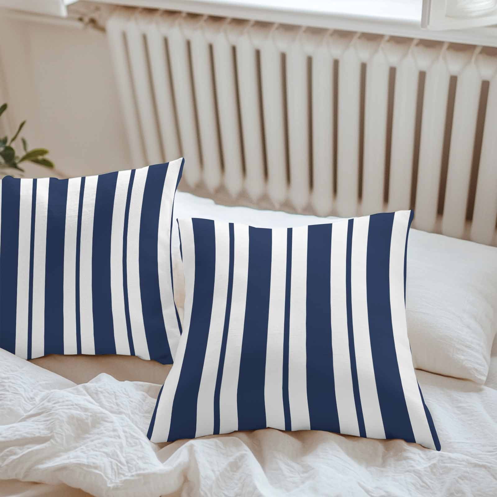 Waterproof Throw Pillow Covers 16x16 Set of 2, Navy Blue Stripes Summer Nautical Outdoor Pillowcases with Invisible Zipper, Modern Minimalist Art Decorative Cushion Covers for Patio Garden Sofa Couch