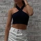 thumbnail image 4 of Playeras,Blusas y Tops,Ropa para Mujer Mujeres camisetas sin mangas Dressy Casual Color sólido escotado sin mangas ombligo menos un hombro chaleco de cuello para mujer (Black, S), 4 of 7