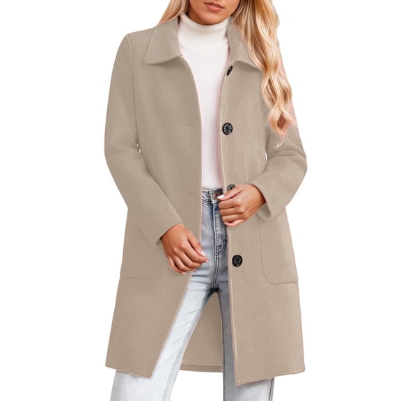Womens Mid Length Coat With Notch Lapel Breasted Button Front Pockets Long Sleeve Winter Outerwear For Cold Weather
