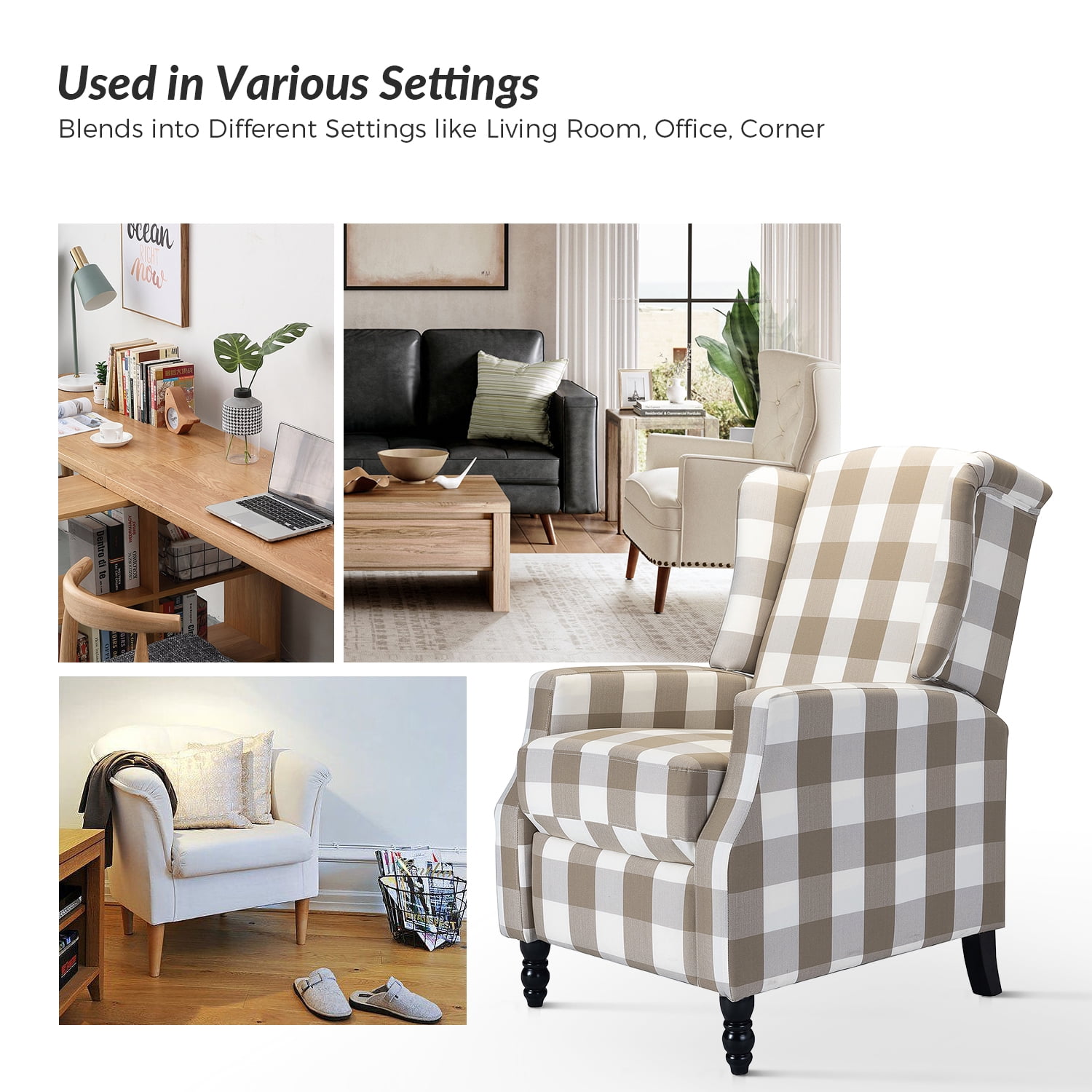 Recliners Chairs Set of 2 Push Back Upholstered Wingback Traditional Fabric Living Room Plaid Beige