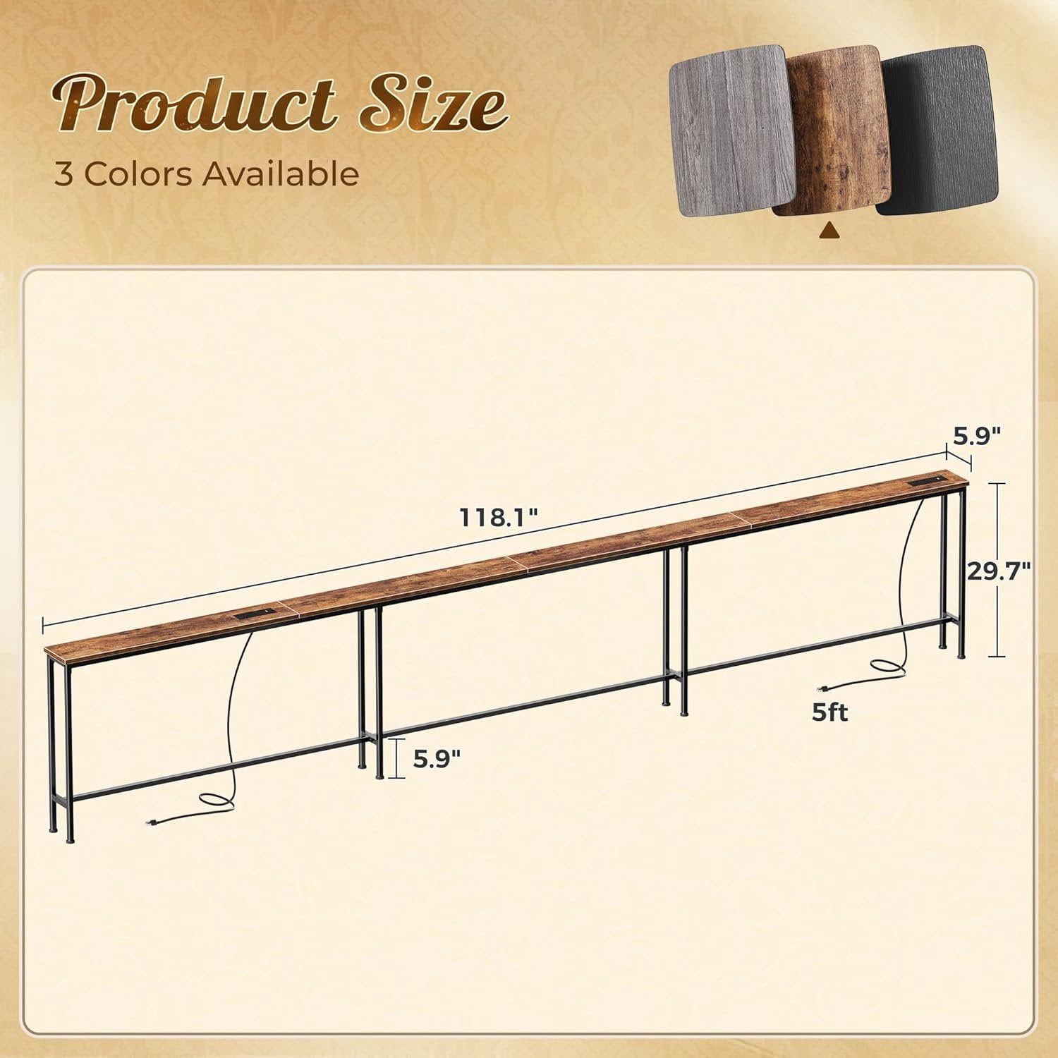118 Inch Sofa Table with Power Outlets and USB-C Ports, 5.9 Inch Narrow Entryway Table, Behind Couch Table with Storage, Extra-Long Console Table, Living Room, Rusitc Brown
