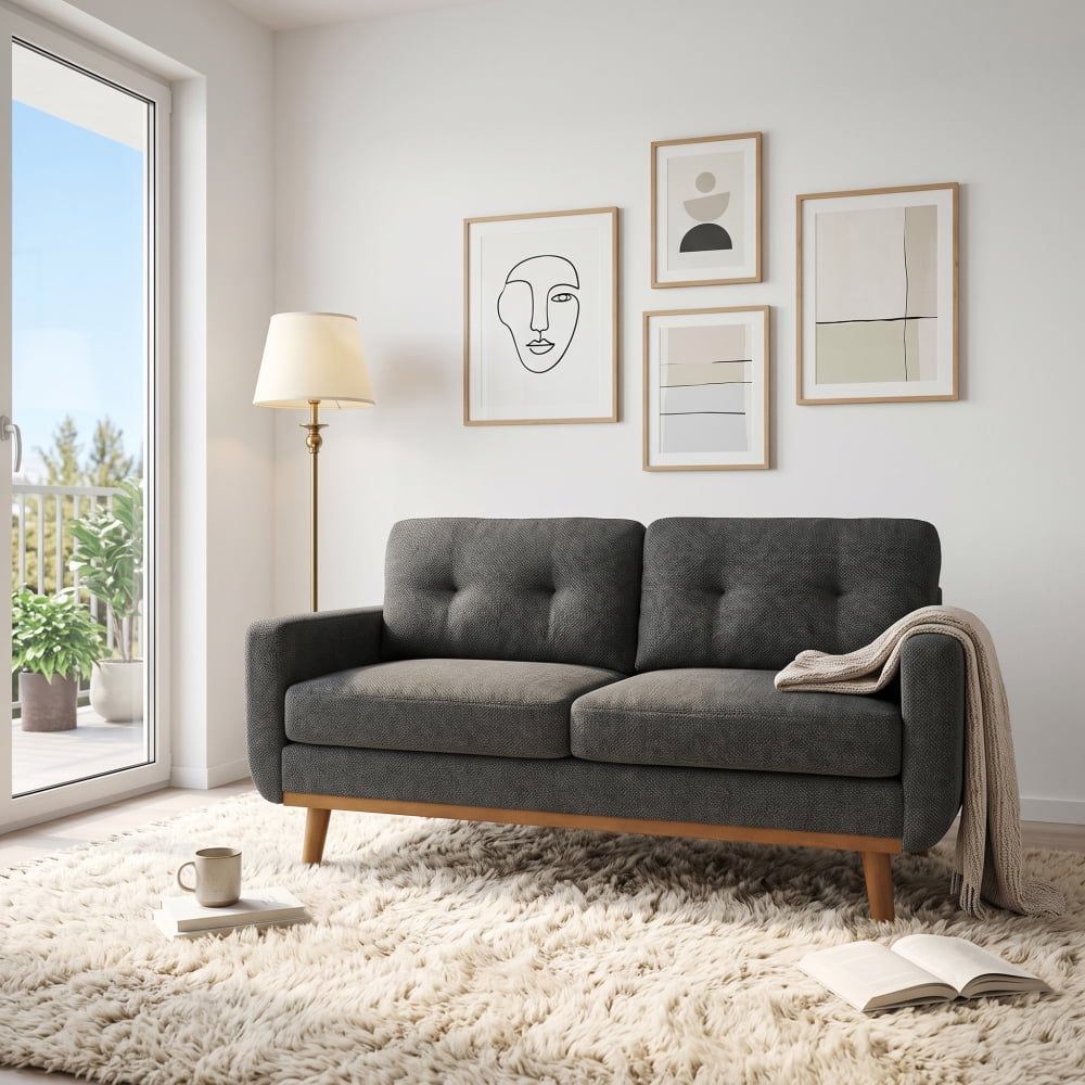 Mid-Century Modern 2-Seater Sofa with Nubby Upholstery and Solid Wood Legs 65 Inch Minimalist Couch with High-Density Foam Cushions and Diamond-Quilted Backrest Living Room Lounge Chair for Apartme