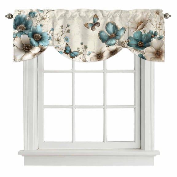 Tie Up Valances for Windows, Teal Tulip Butterfly Adjustable Valance Curtains Window Treatment for Living Room, Turquoise Floral Farmhouse Beige Rod Pocket Kitchen Curtains & Drapes 60x18 Inch