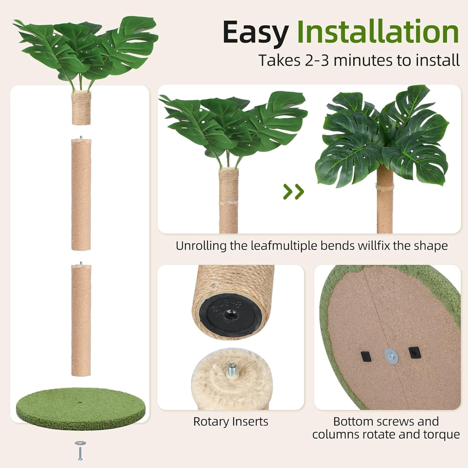 Cat Scratching Post 39.4 inch Tall Cat Tree for Indoor Cats Large Adult Cat Scratching Post with Sisal Rope,Cute Kitten Cat Scratcher in Monstera Plants