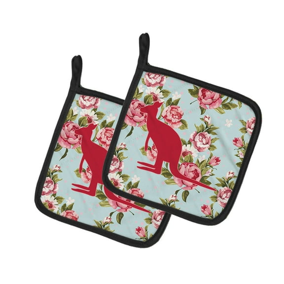 Caroline's Treasures BB1008-RS-BU-PTHD Kangaroo Shabby Chic Blue Roses Pair of Pot Holders , 7.5HX7.5W, multicolor