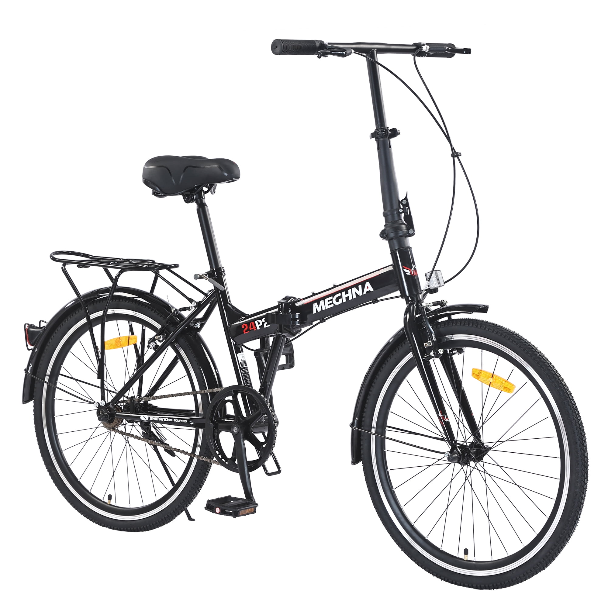 Ambifirner 24 Inch Folding Bike for Adults, Steel Frame Single Speed Commuter, Quick-Release Fold, Dual V-Brakes, Adjustable Leather Saddle, Full Fenders, Black