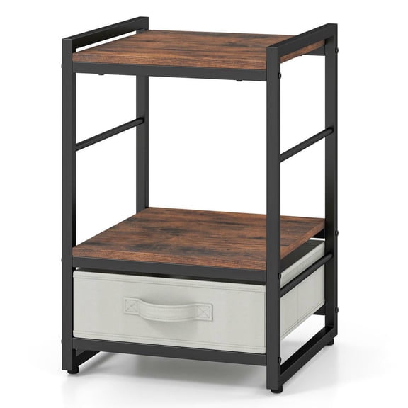 Resenkos Industrial Style Nightstand – Open Storage Shelf   Fabric Drawer, Rustic Bedroom Side Table, Rustic Brown   Gray