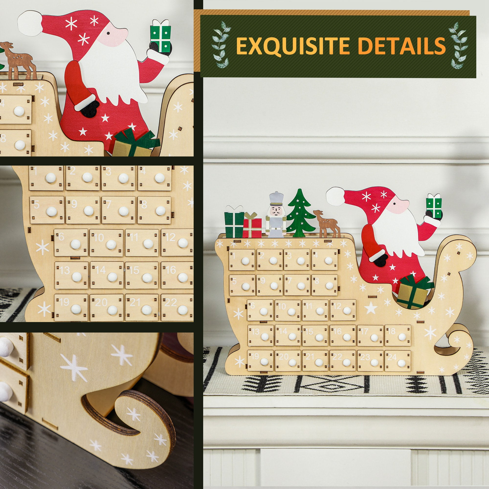 Wooden Advent Calendar Santa Sleigh Design 24 Drawers Reusable Christmas Countdown Decor